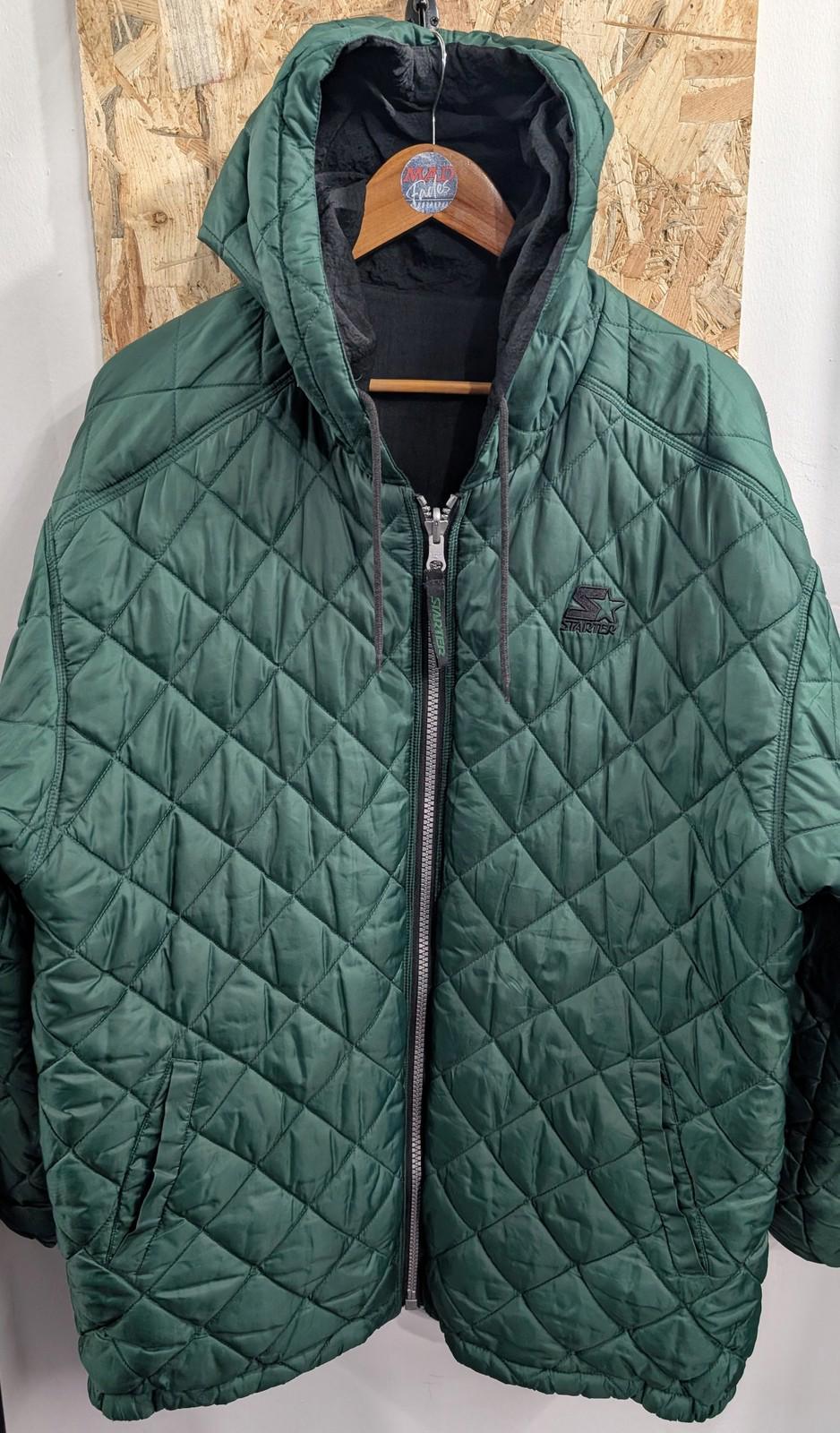 Starter Quilted Jacket Large Men Hooded Reversible Green Black Nylon USA