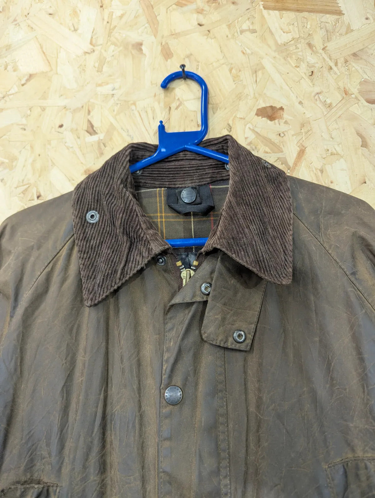 Barbour Field Jacket Men Medium Rustic Brown Waxed Cotton Tartan Corduroy Collar