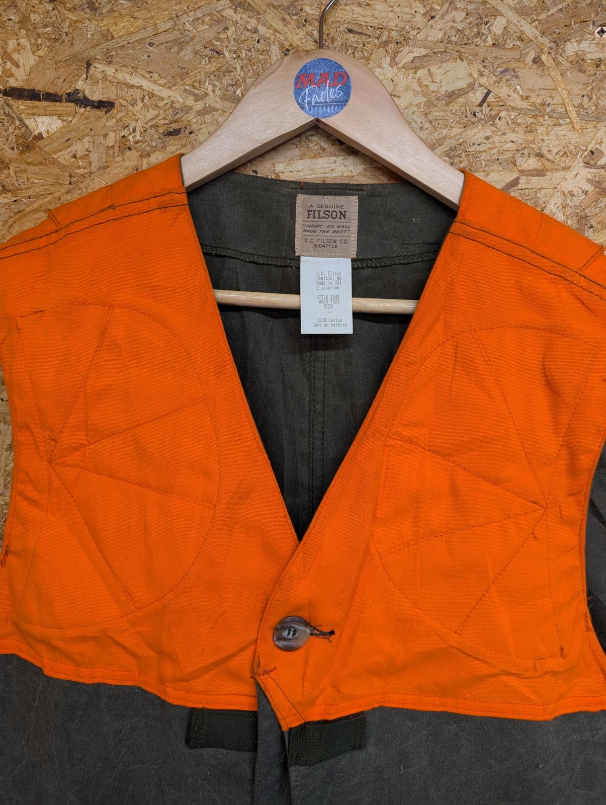 Filson Tin Cloth Blaze Orange Upland Hunting Vest Large Khaki USA Gilet Canvas