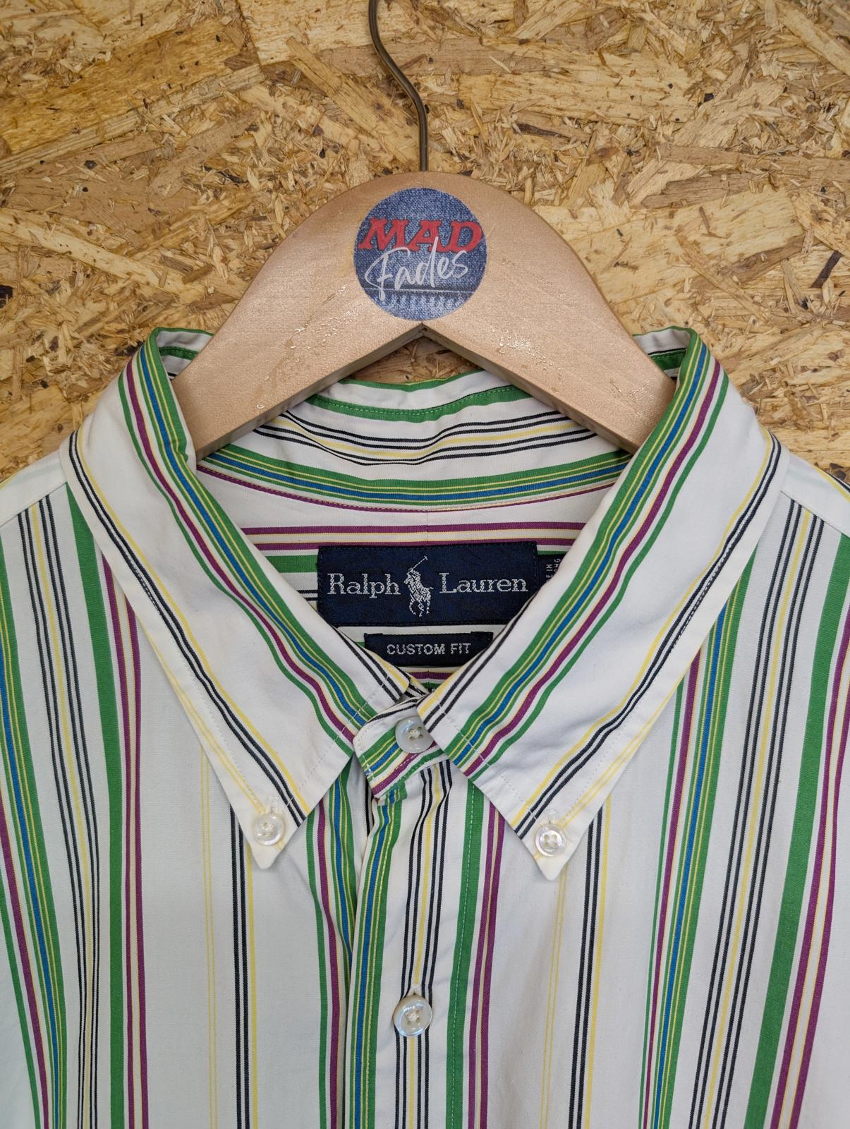 Ralph Lauren Shirt 18" 2XL White Green Stripe Long Sleeve Cotton Custom Fit