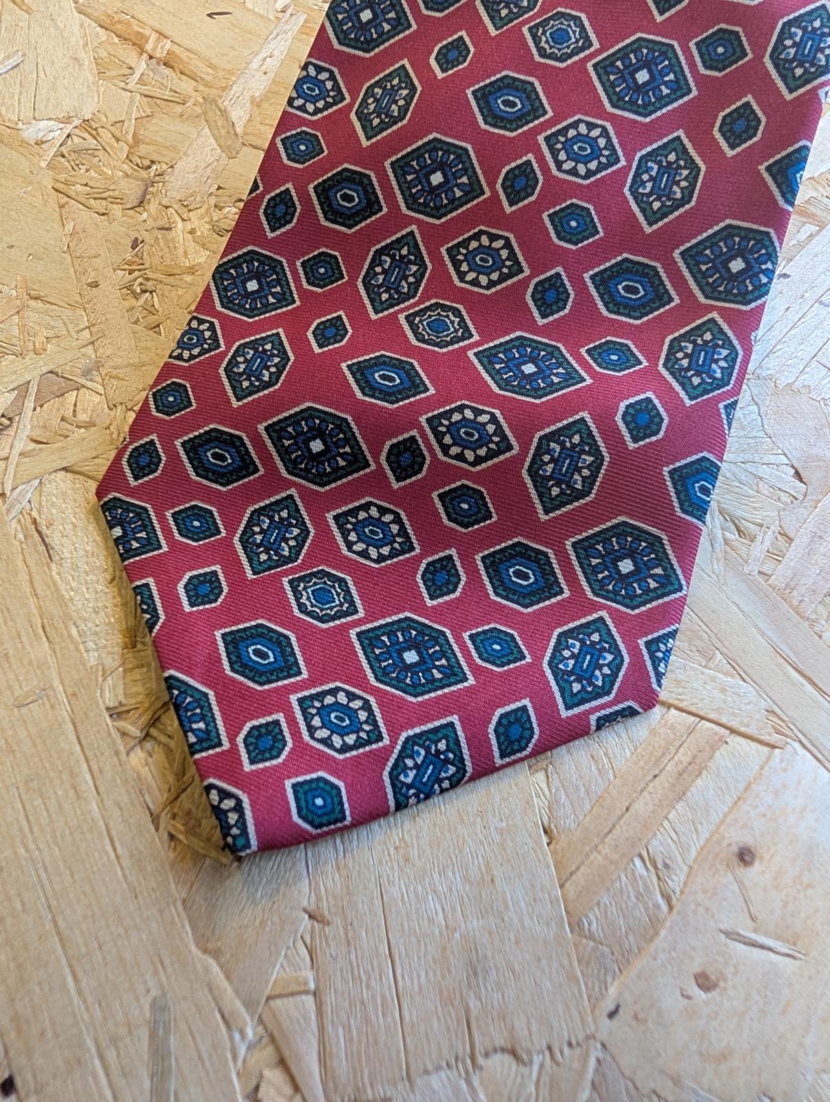 Aquascutum Silk Tie 58" 148cm Made In England Burgundy Red Gold Pattern