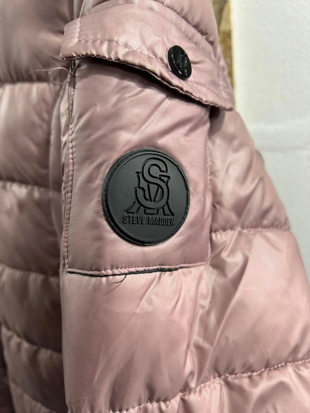 Steve Madden Parka Women Medium 10-12 Pink Black Quilted Puffer Hooded Coat
