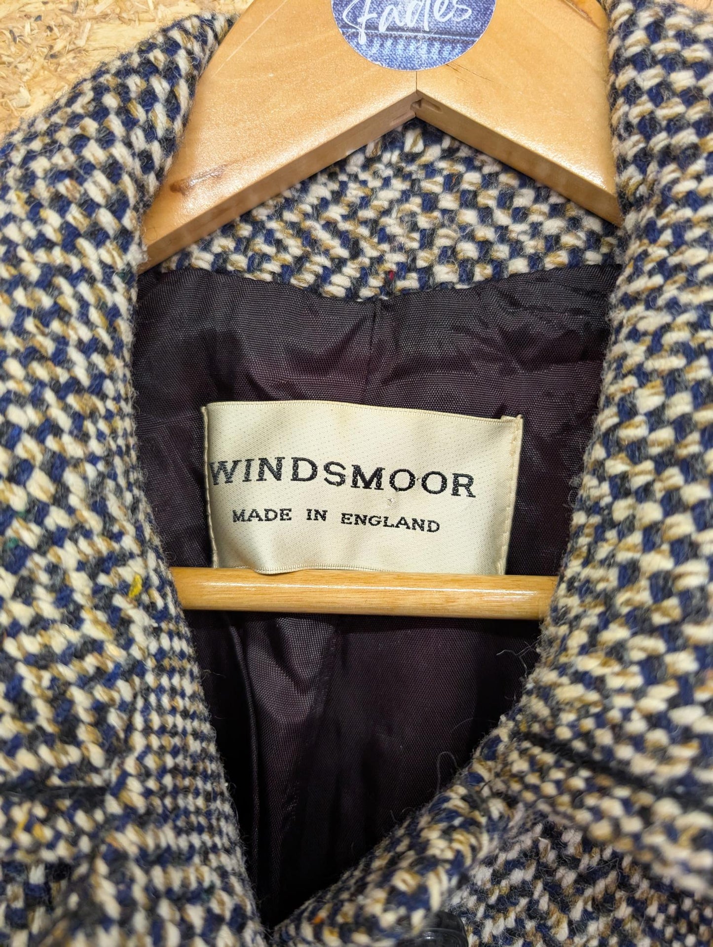 Windsmoor Wool Tweed Trench Coat Mac Long Blue White Made in England Size 14