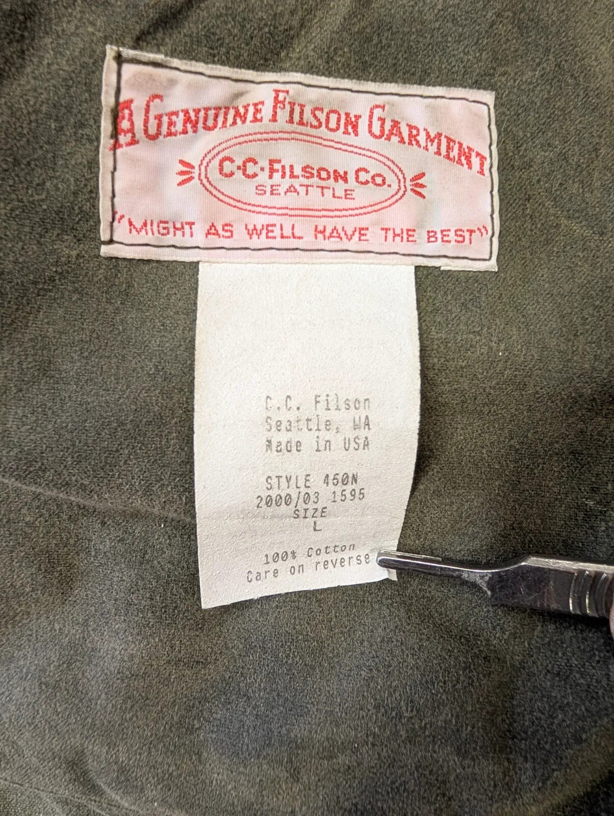 Filson Shelter Cloth Packer Mens Large Green 460n Wax Waterfowl Oil Field USA