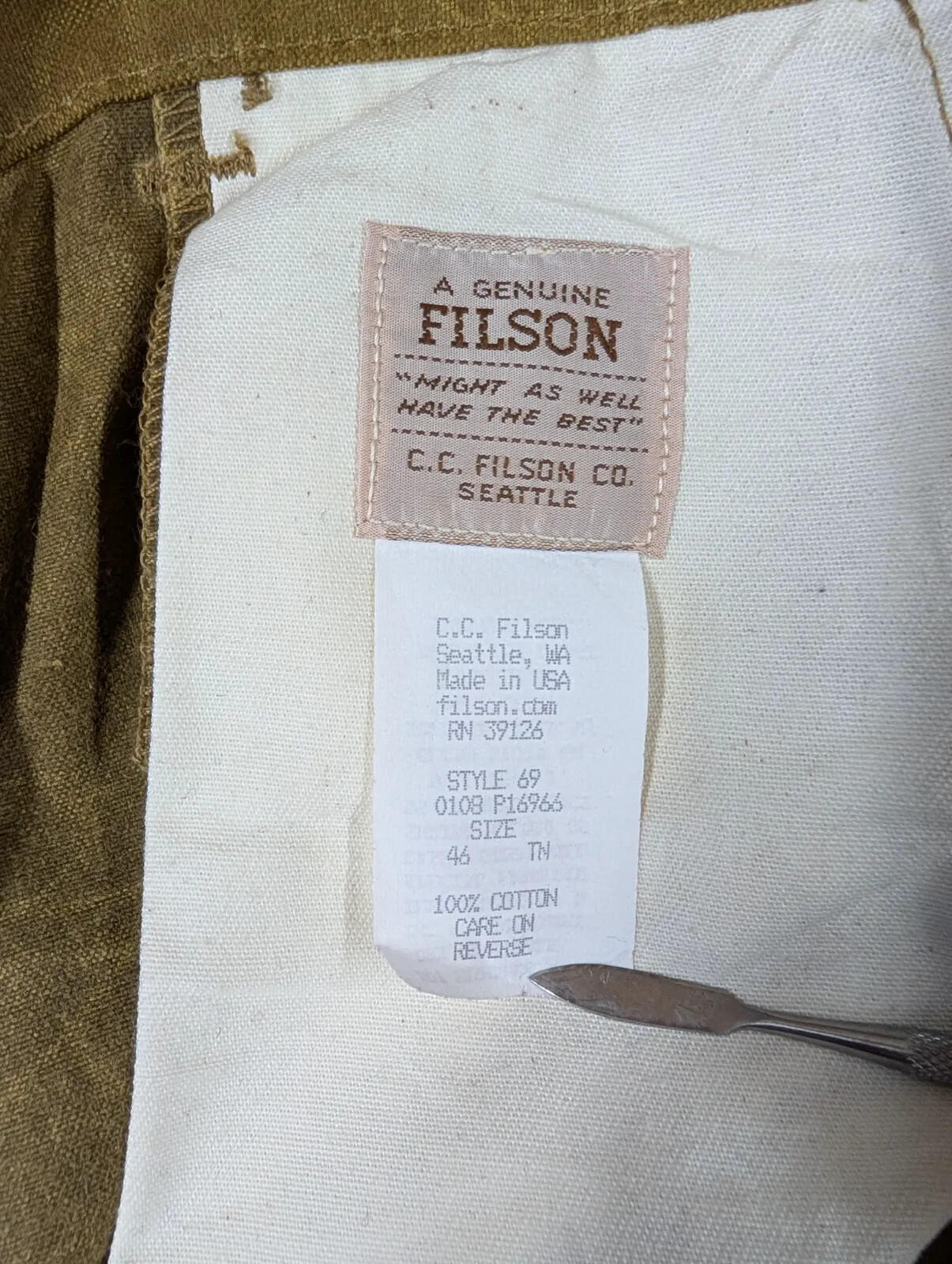 Filson Single Tin Cloth Pants W44 L31 Style 69 Thorn Trousers Workwear USA Made