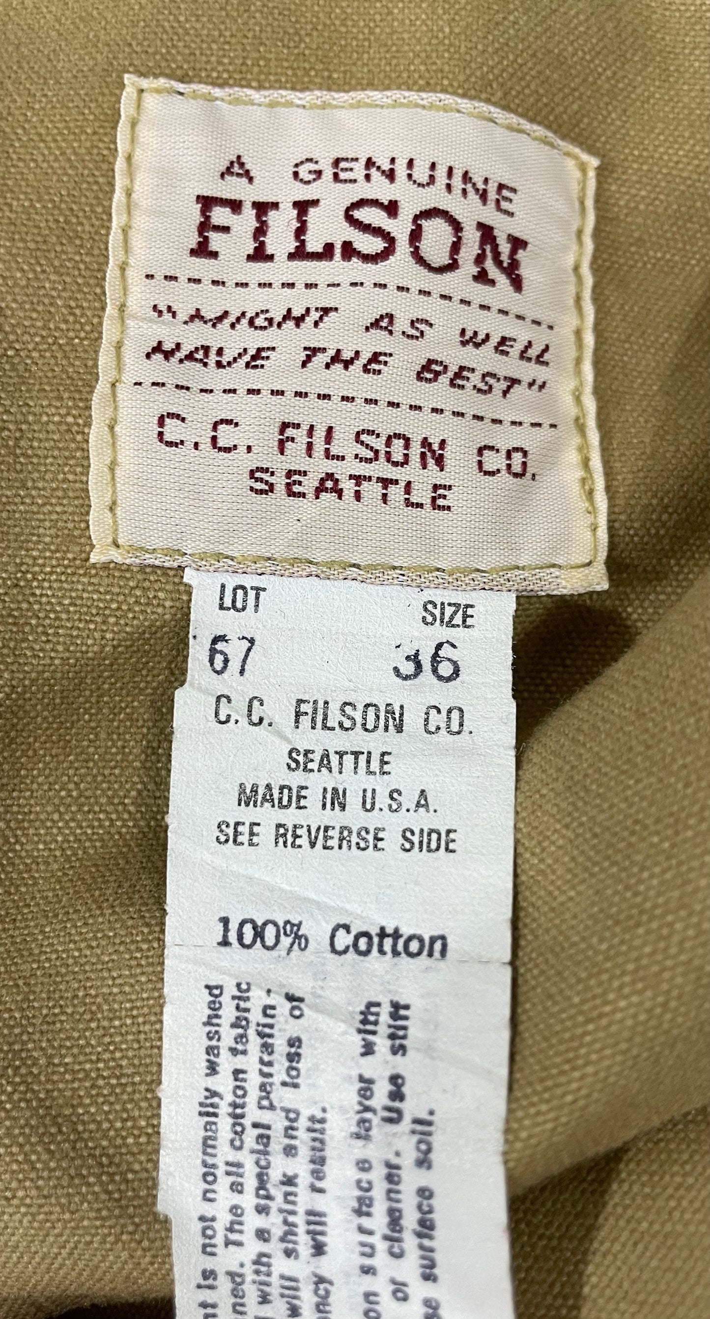 Filson Style 67 Double Tin Cloth Trousers Pantaloon Oil Finish Made In USA W36