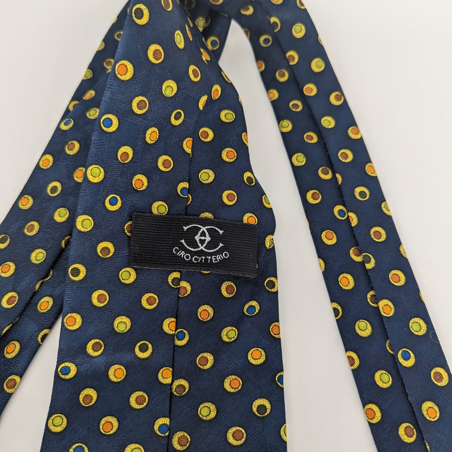Ciro Citterio Tie Mens Vintage 90s Necktie Navy Blue Gold Polka Dot