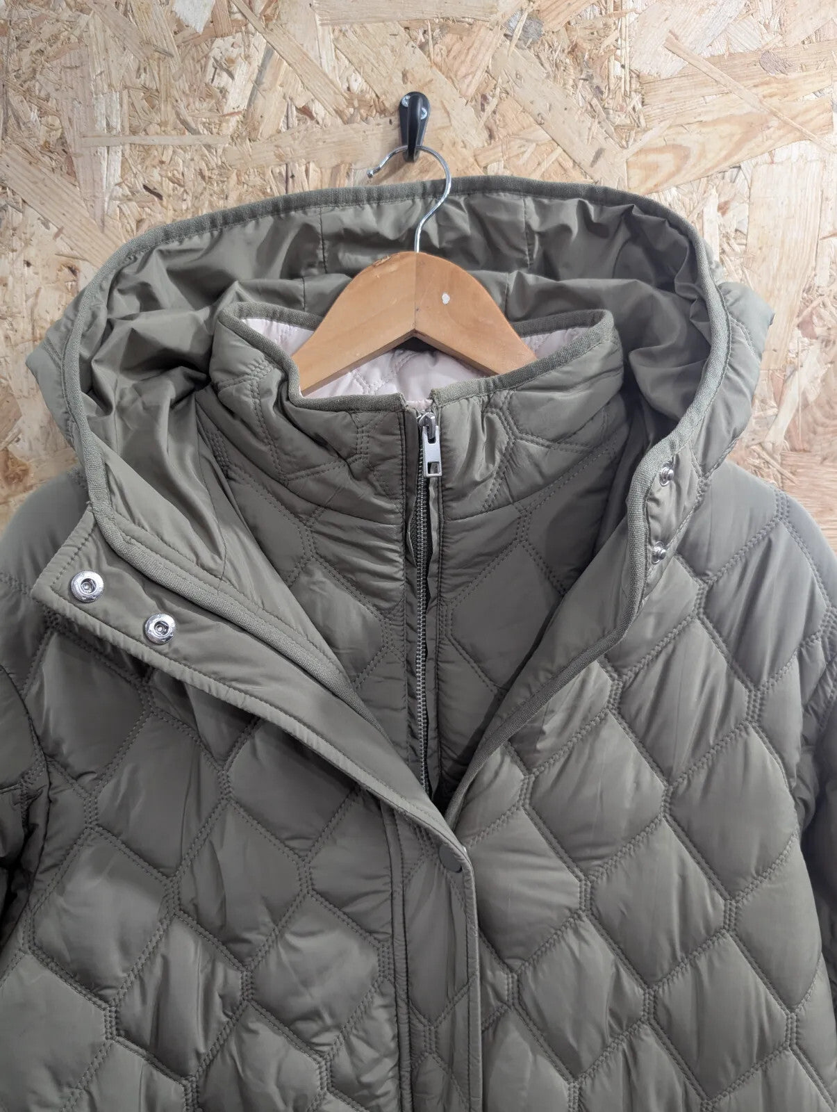 Mint Velvet Coat Womens Small Quilted Hooded Khaki Green Padded Parka 2-Layers