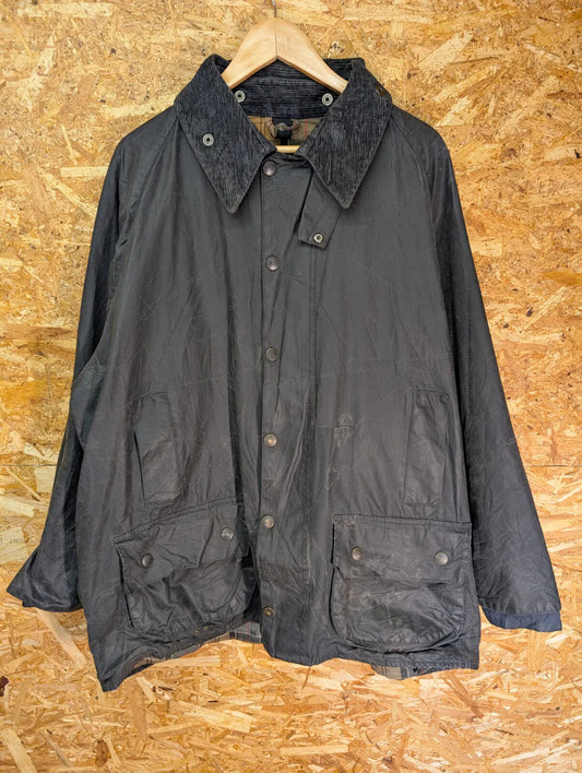 Barbour Beaufort Wax Jacket Mens XXL C48 Black Cotton Vintage Cord Collar Tartan