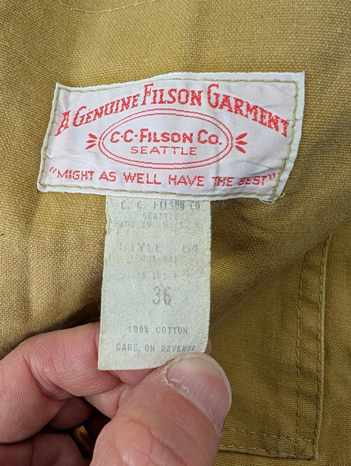 Filson Jacket Size Small 36 Men Style 64 Tin Cloth Made In USA Tan Duck Brown