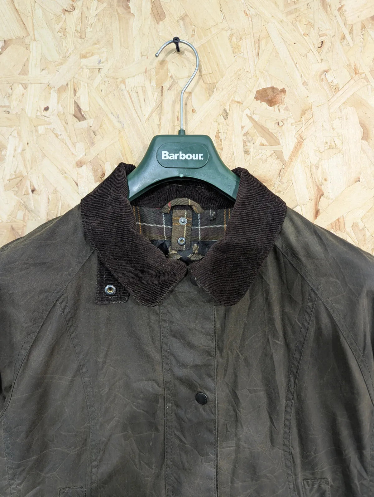 Barbour Beadnell Wax Jacket Womens UK20 Olive Green Tartan Liner Cord Collar