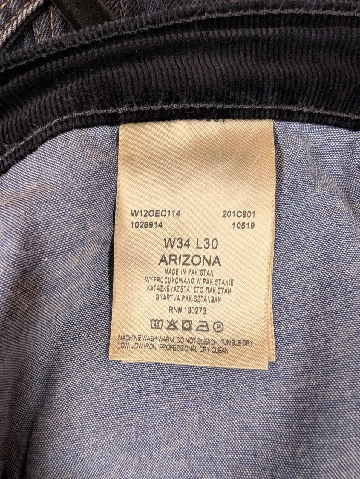 Wrangler Arizona Corduroy Jeans Mens W34 L30 Black Cotton Straight Leg Zip Fly