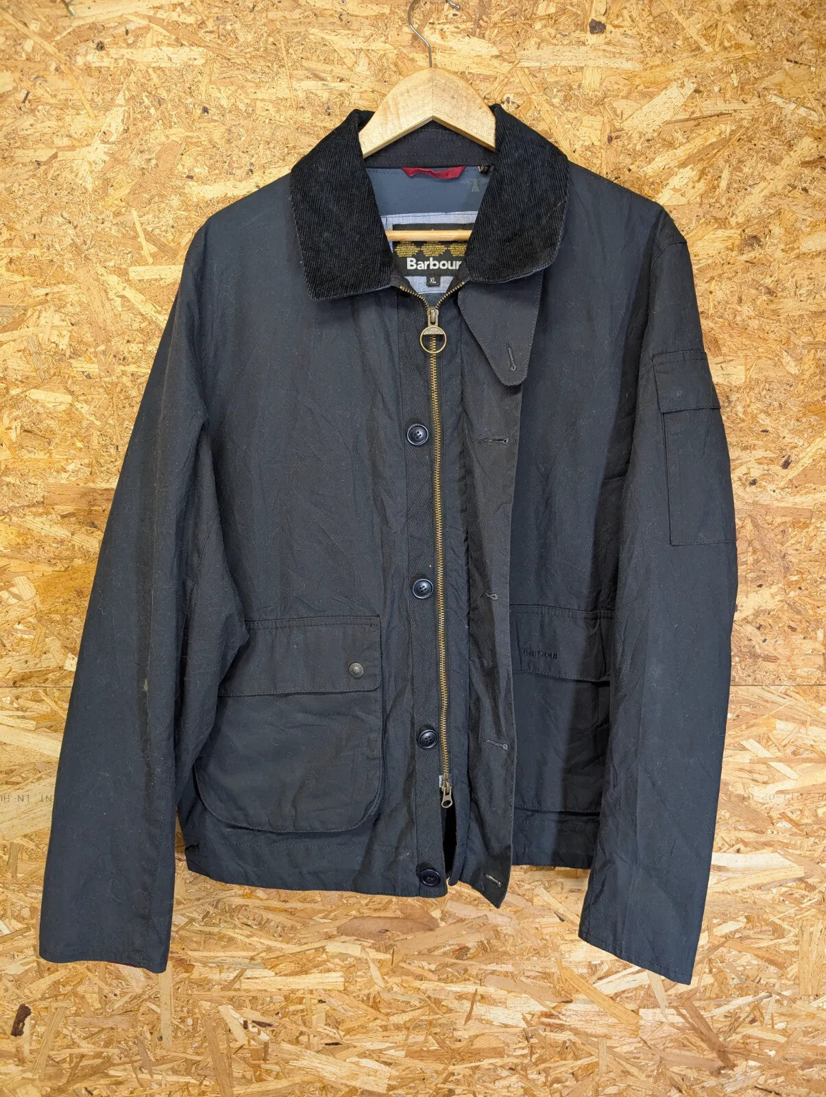Barbour Deck Wax Jacket Mens XL Navy Blue Cotton Cord Collar Chin Strap South