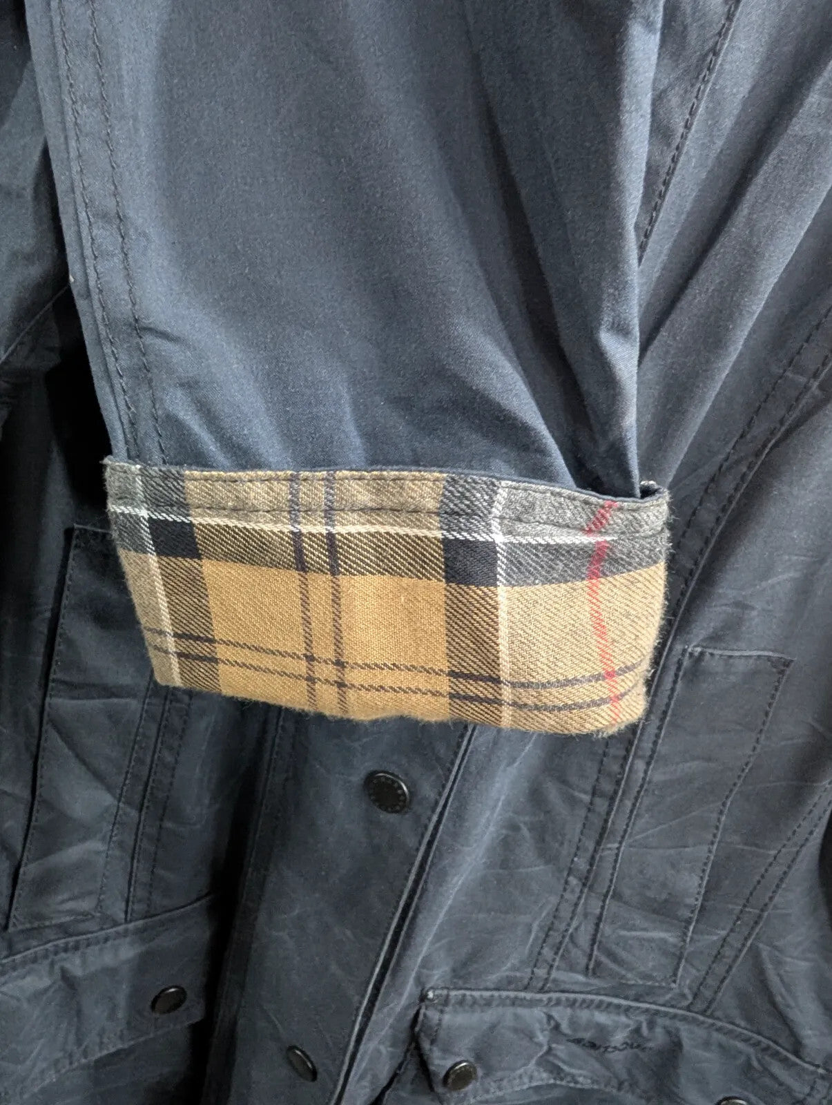 Barbour Beadnell Wax Jacket Womens UK10 Navy Blue Cotton Tartan Hooded Full Zip