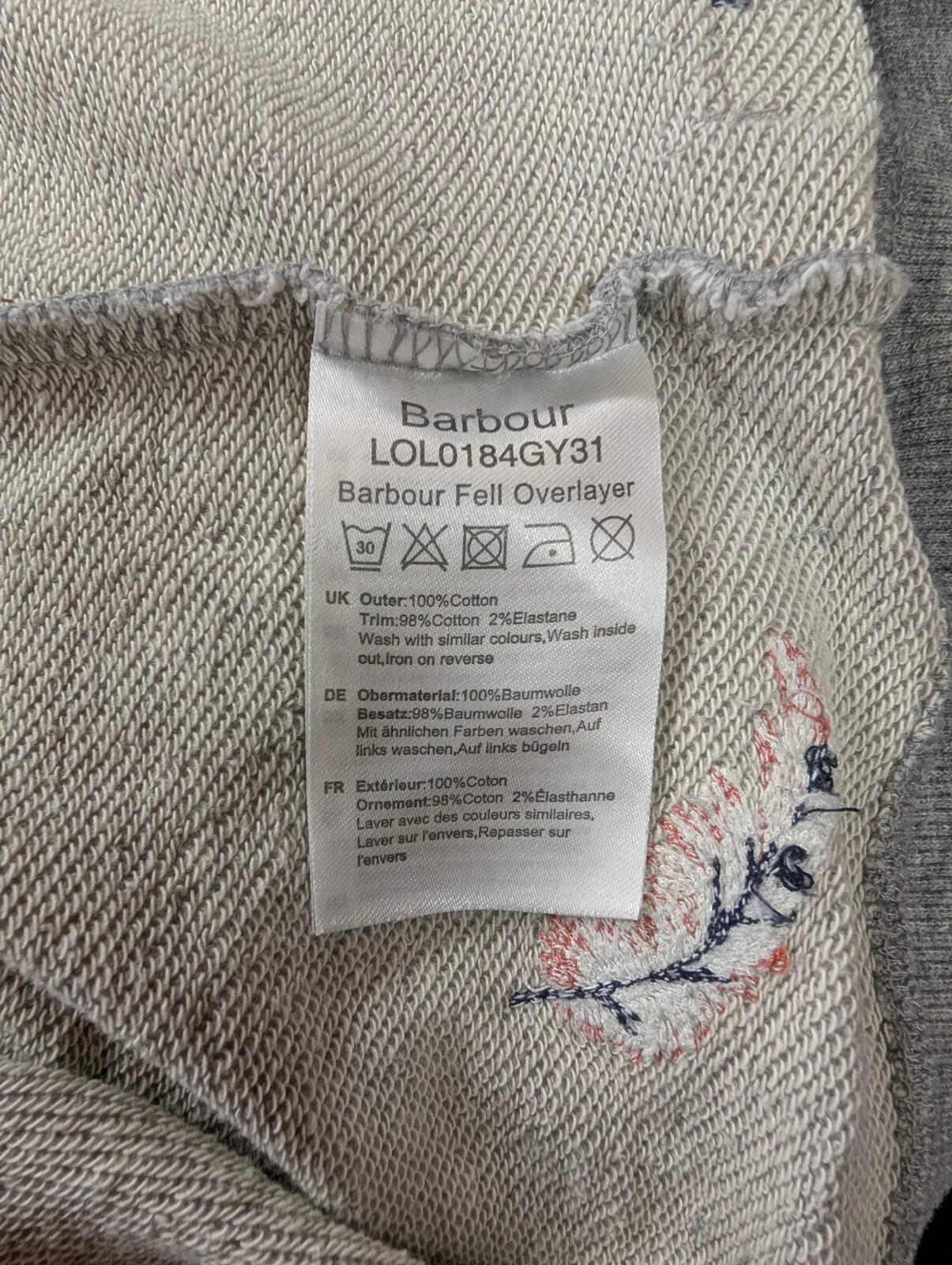 Barbour Fell Sweatshirt Womens Size 10 Grey Cotton Feather Embroidery Crew