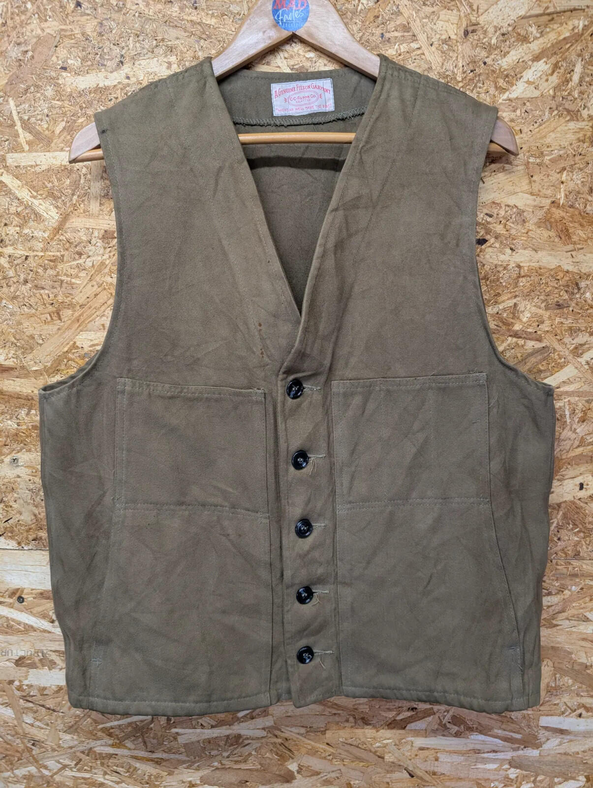 Filson Moleskin Vest Mens Large Khaki Cotton Waistcoat Gilet Body Warmer USA