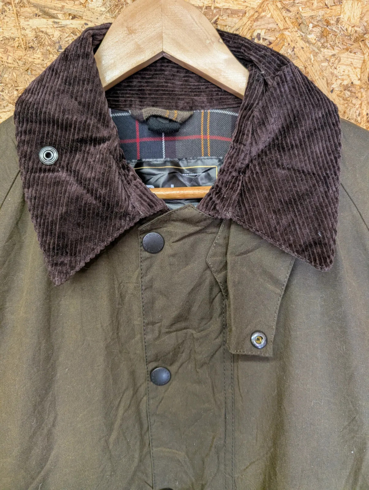 Barbour Classic Beaufort Wax Jacket Mens Large C44 Olive Green Cotton Tartan