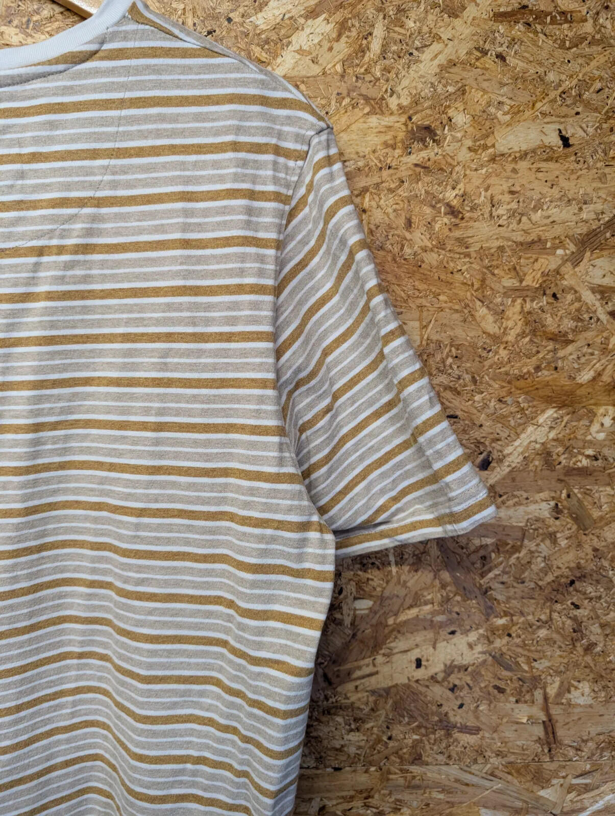 Folk Clothing Crew Neck T-Shirt Large White Beige Mustard Stripe Short Sleeve