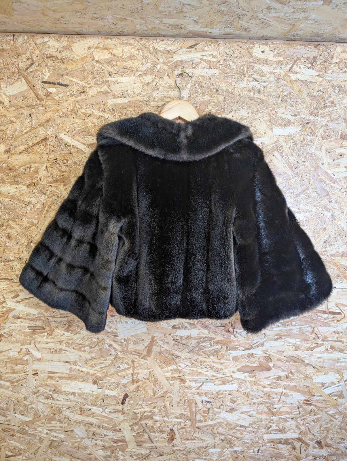 Faux Fur Jacket Wide Arm Cropped Vintage Coat Dark Brown Polyester Small