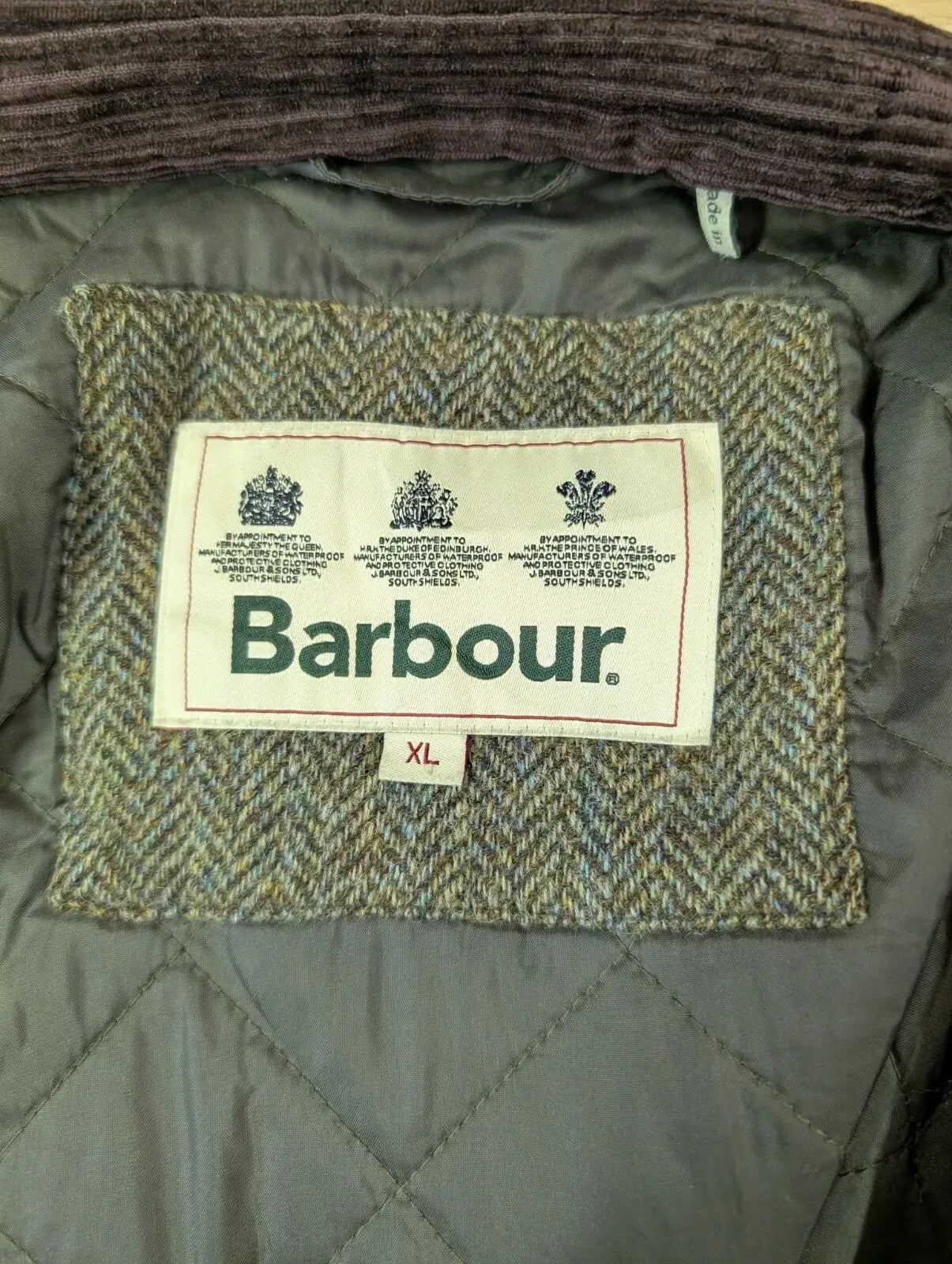 Barbour Romeldale Wax Jacket Mens XL Olive Green Tweed Padded MWX1214OL91