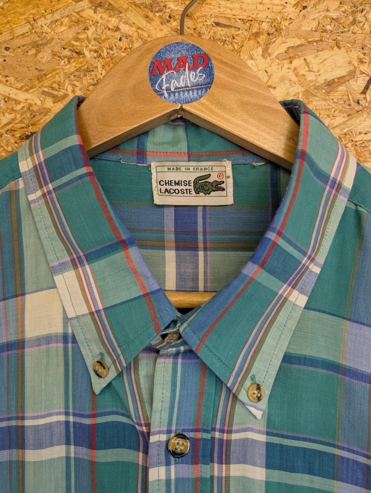 Lacoste Chemise XL Shirt Vintage 80s Long Sleeve Green Blue Check 17.5" Collar