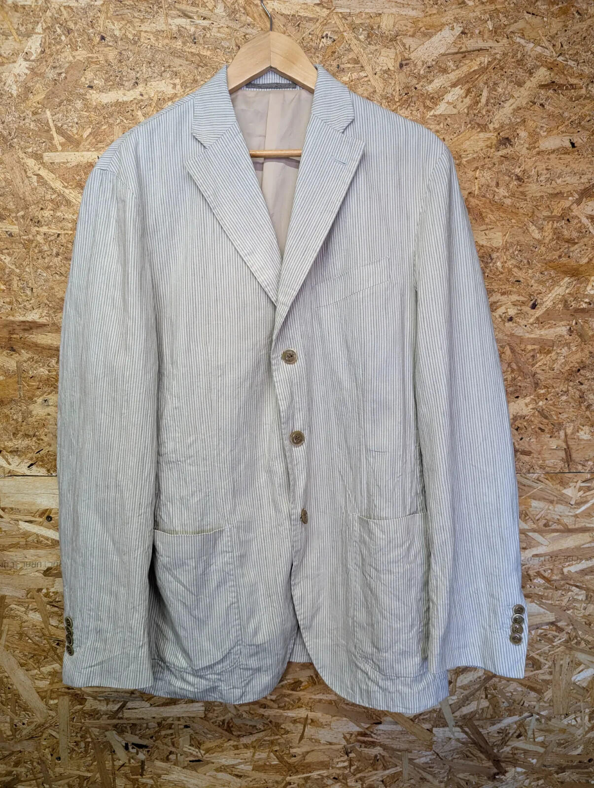 Oviesse Linen Blazer Men Medium 40 Cream Beige Striped Button Front Lined Cotton
