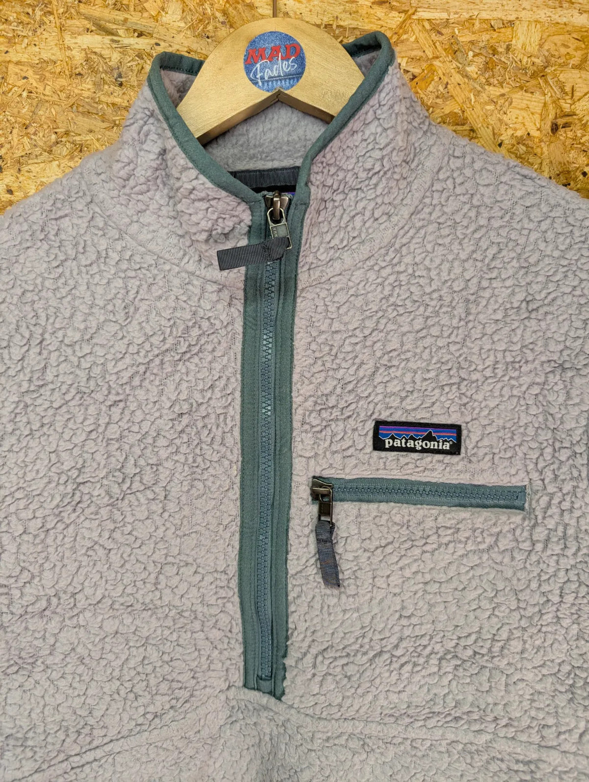 Patagonia Deep Pile Fleece Top Womens Small Grey Green Zip Pockets Retro 1/2 Zip