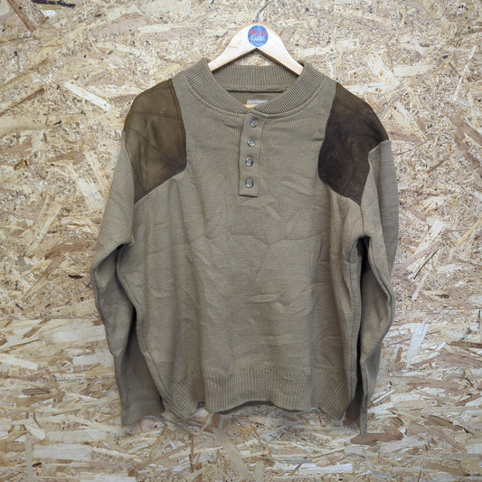 Filson Tan Brown Wool Henley Button Crew Neck Jumper Suede Sweater USA Medium