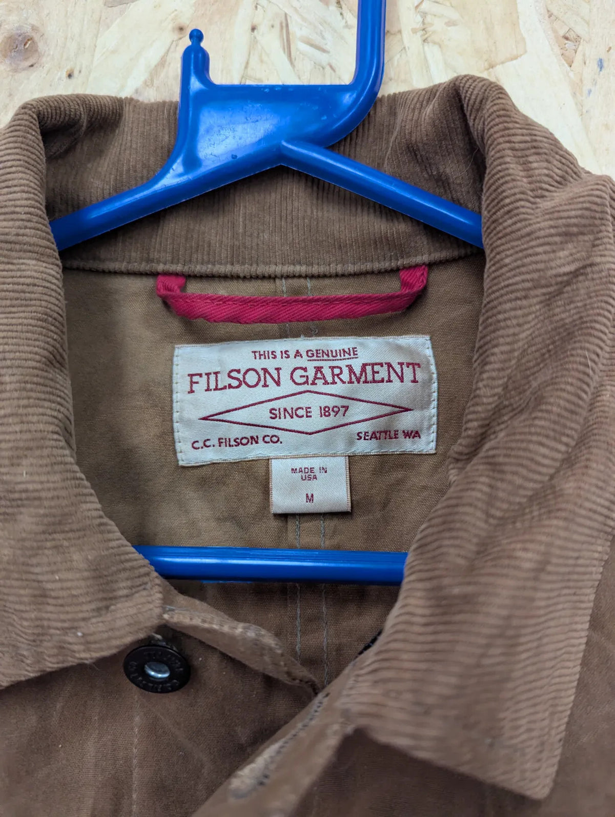 Filson Journeyman Jacket Mens Medium Waxed Brown Cord Collar Tin Cloth USA Made