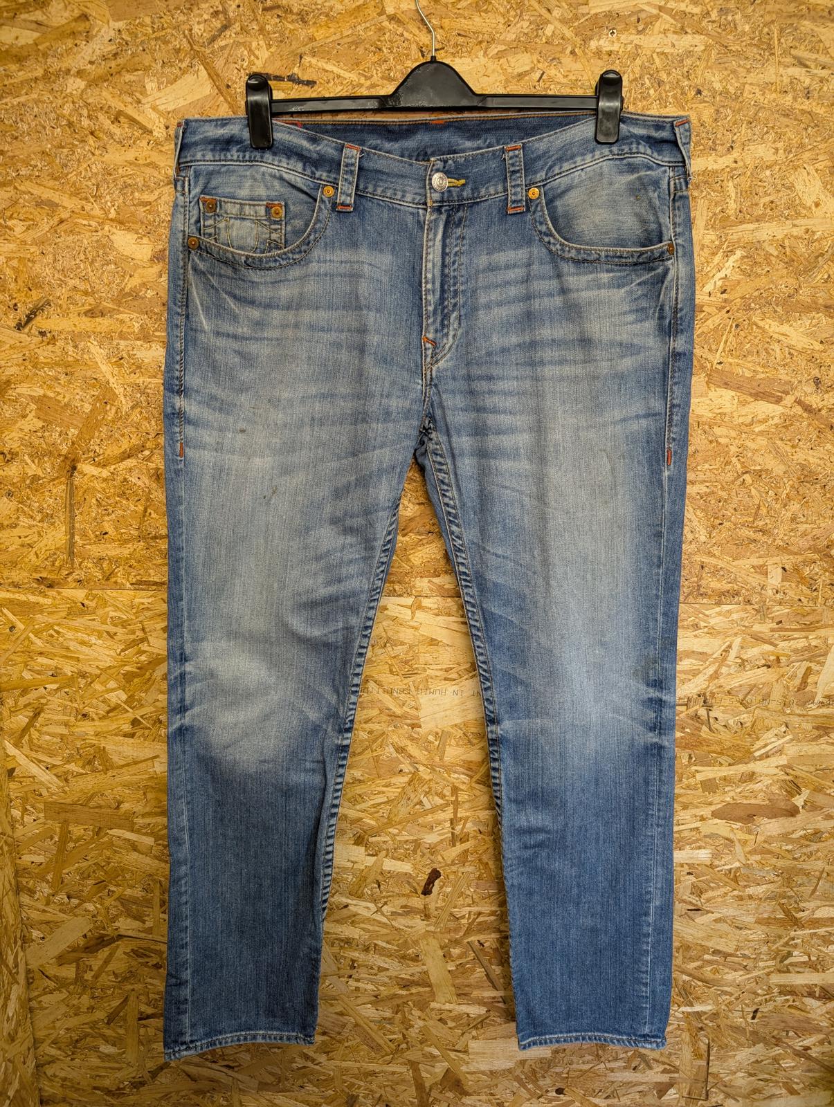 True Religion Jeans W42 L34 USA Made Stonewash Blue Distress Vintage 90s Slim