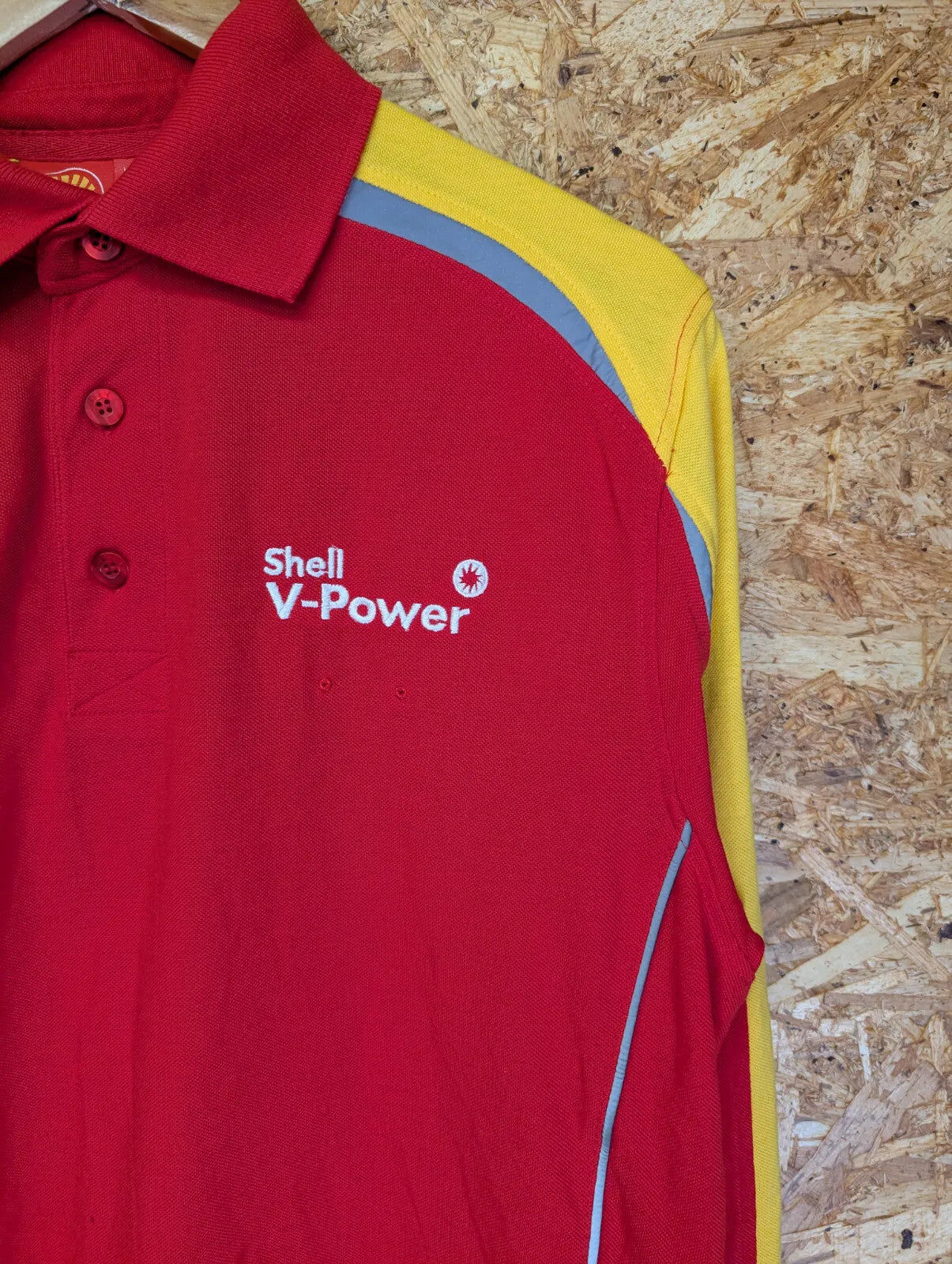 Ferrari Shell Long Sleeve Polo Shirt Mens Medium Red Yellow Cotton Reflective