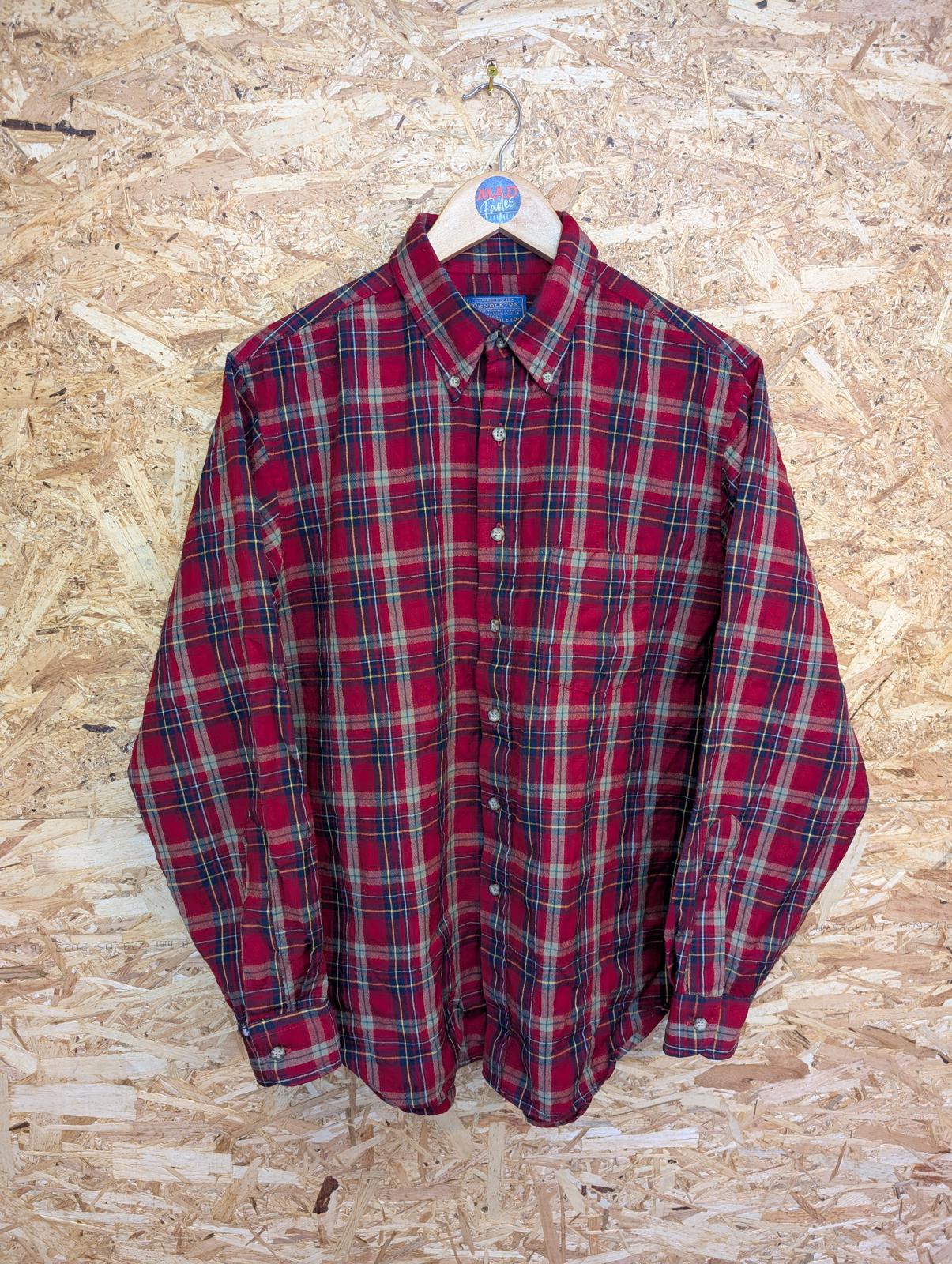 Pendleton Shirt Large Red Navy Blue Beige Check Plaid Wool Made In USA Vintage