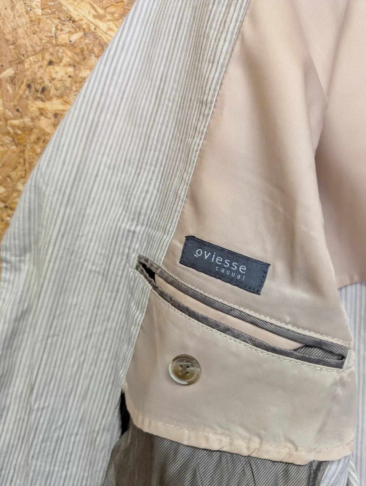 Oviesse Linen Blazer Men Medium 40 Cream Beige Striped Button Front Lined Cotton