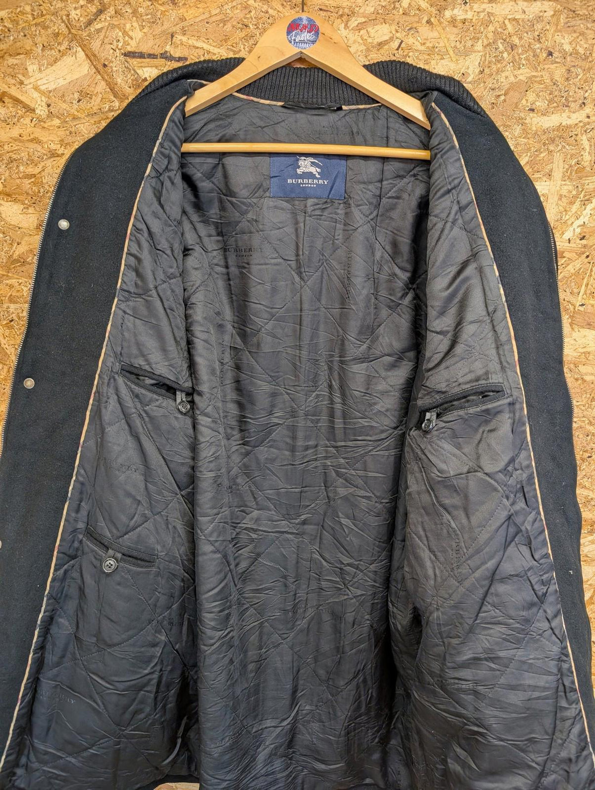 Vintage Burberry Wool Blend Coat Large 42 Men 90s Zip Black Winter Nova Jacket