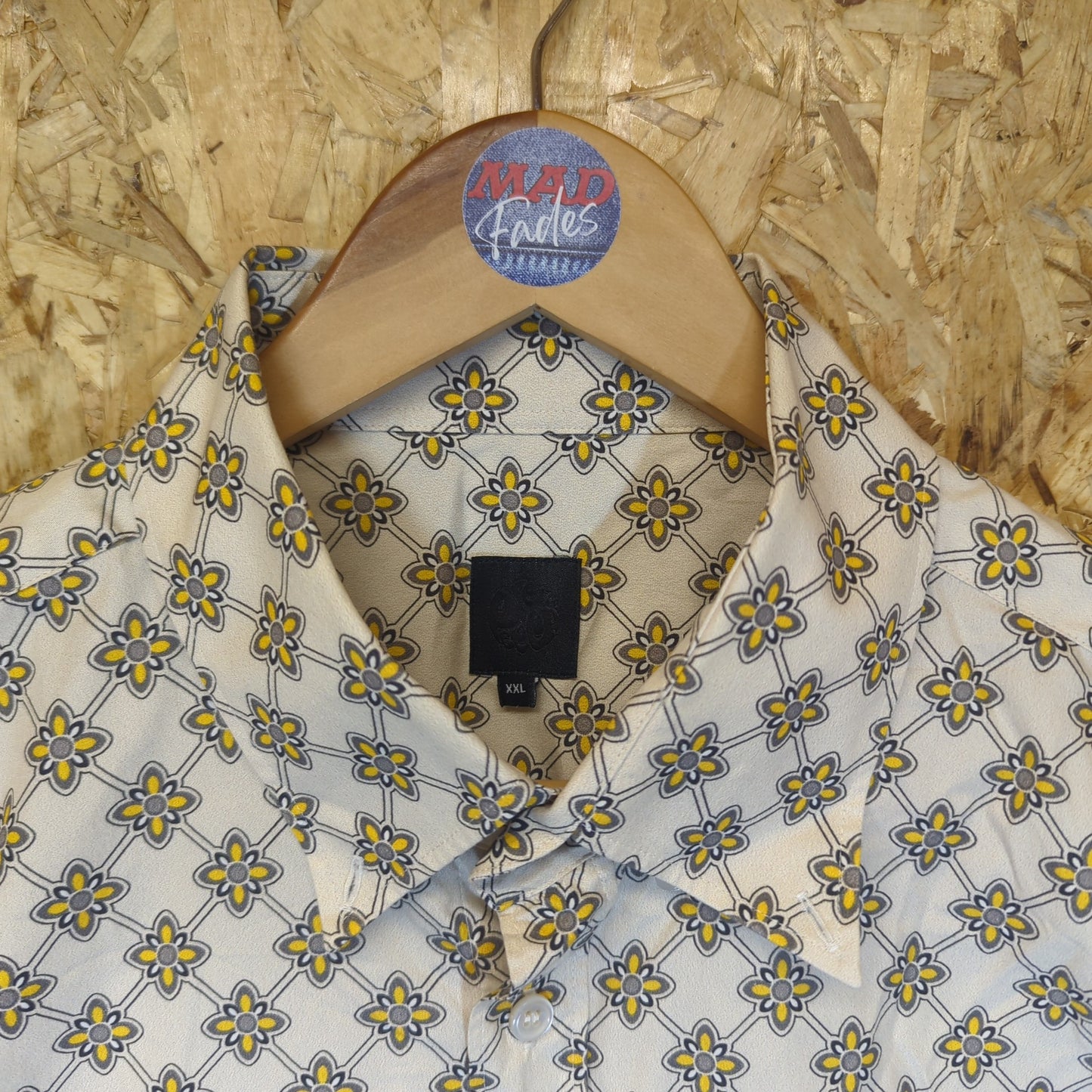 Pretty Green Black Label Floral Cotton Shirt Long Sleeve Cream Yellow Mens 2XL