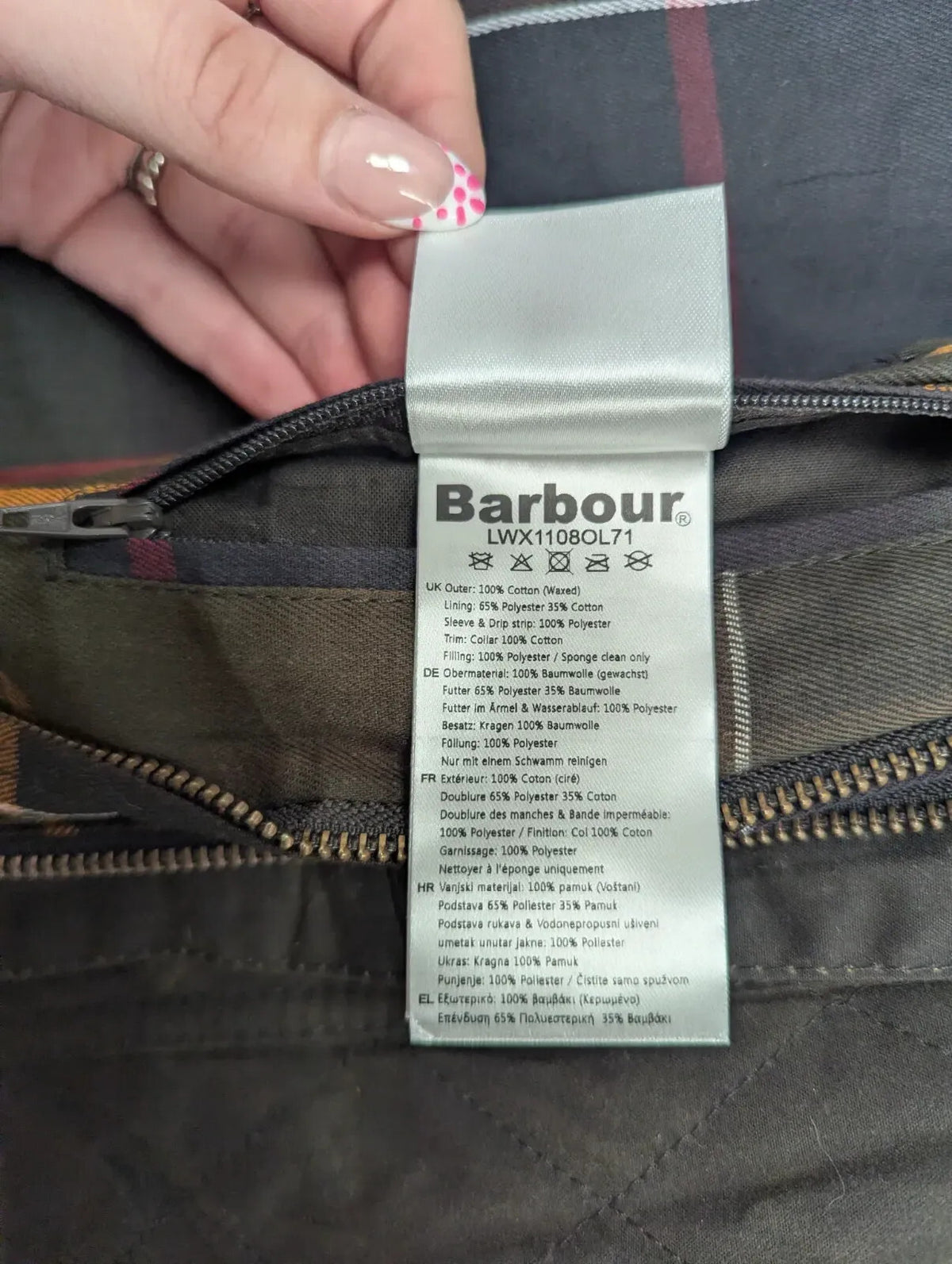Barbour Gibbon Wax Jacket Womens UK12 Green Quilted Tartan Padded Cord Collar