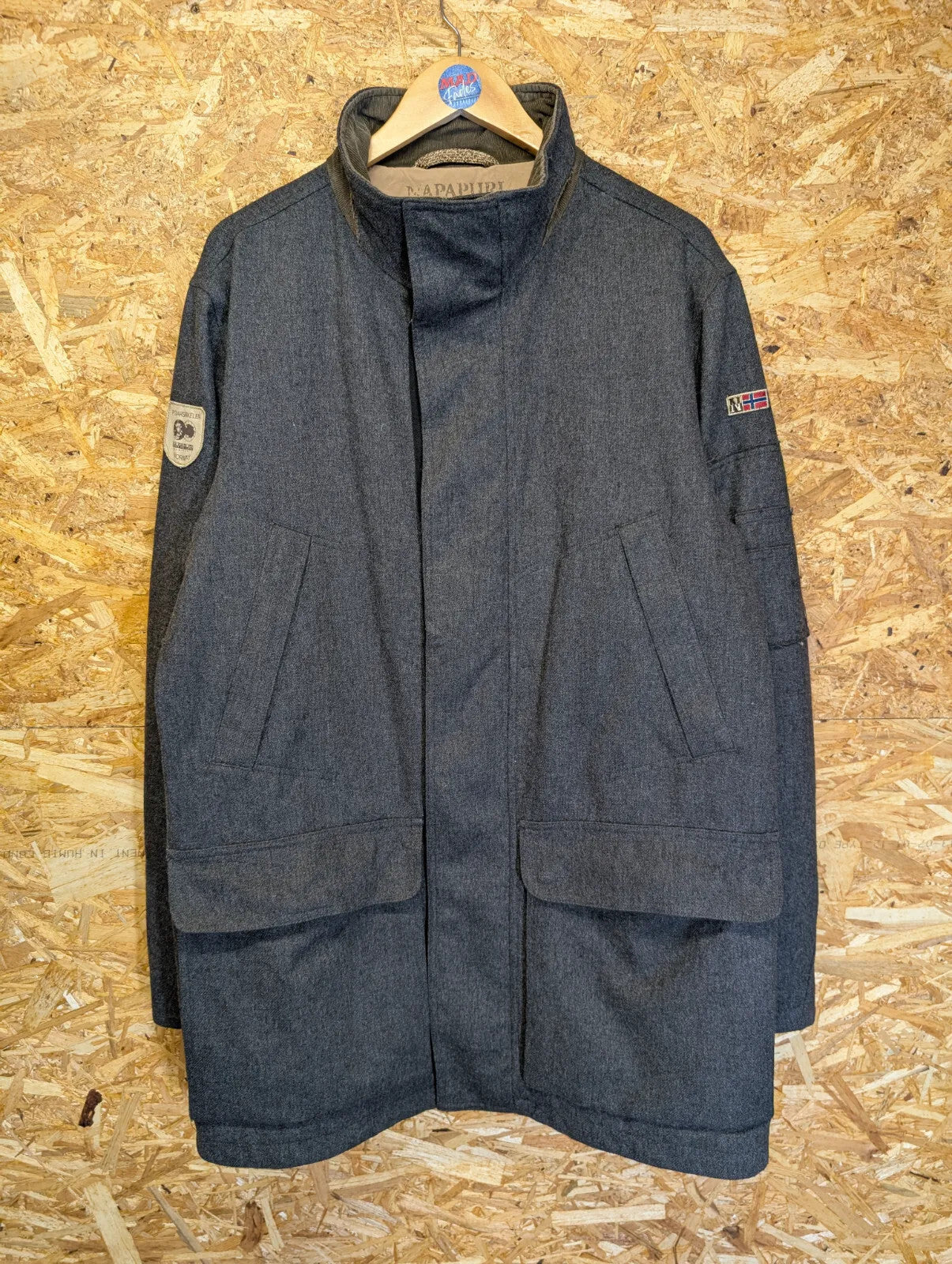 Napapijri Expedition Mens Large 7114 Long Parka Jacket Grey Full Zip 90s Wool