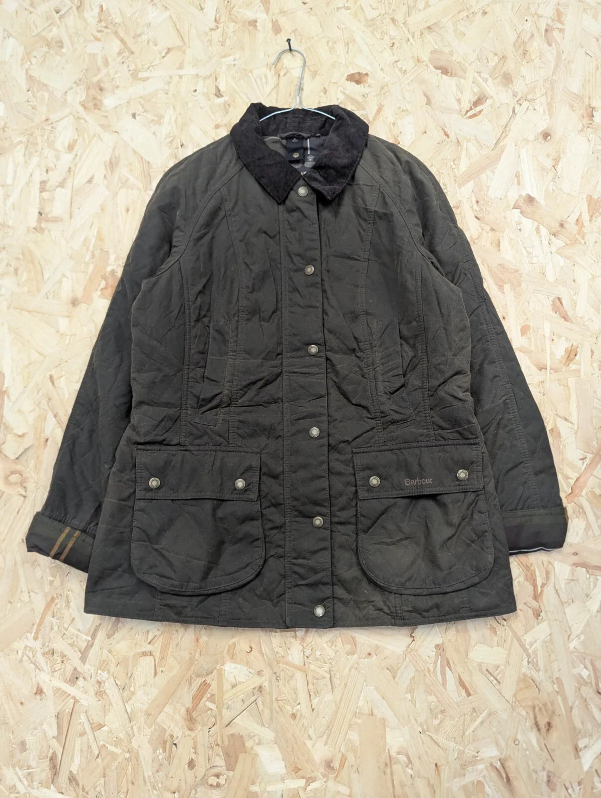 Barbour Gibbon Wax Jacket Womens UK12 Green Quilted Tartan Padded Cord Collar