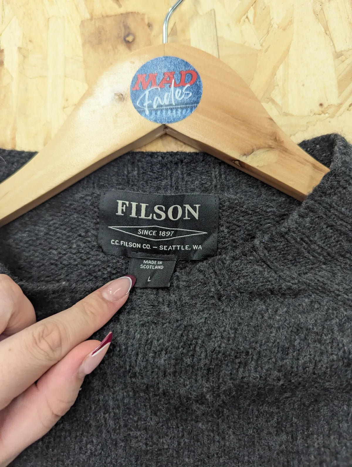 Filson Jumper Men Large Charcoal Grey Lambswool Crew Neck Pullover Made Scotland
