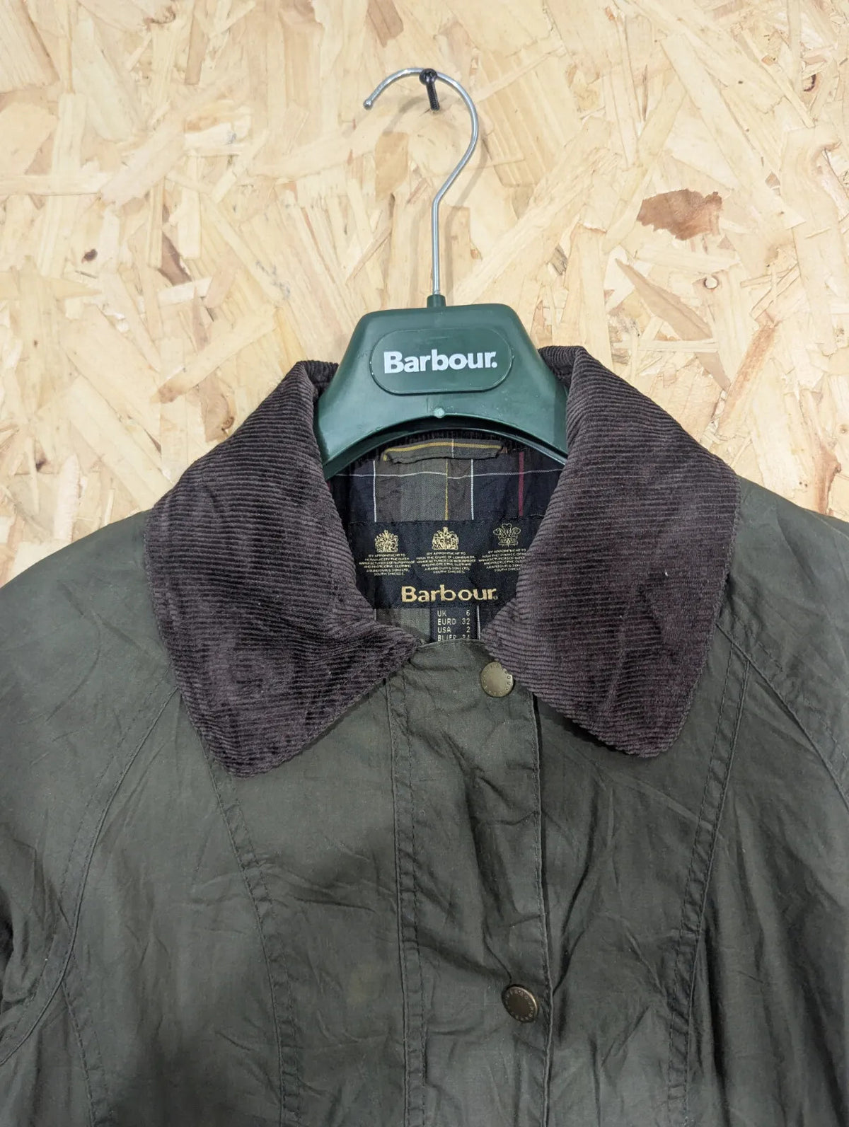 Barbour Beadnell Wax Jacket Womens UK6 Olive Green Cotton Tartan Cord Collar