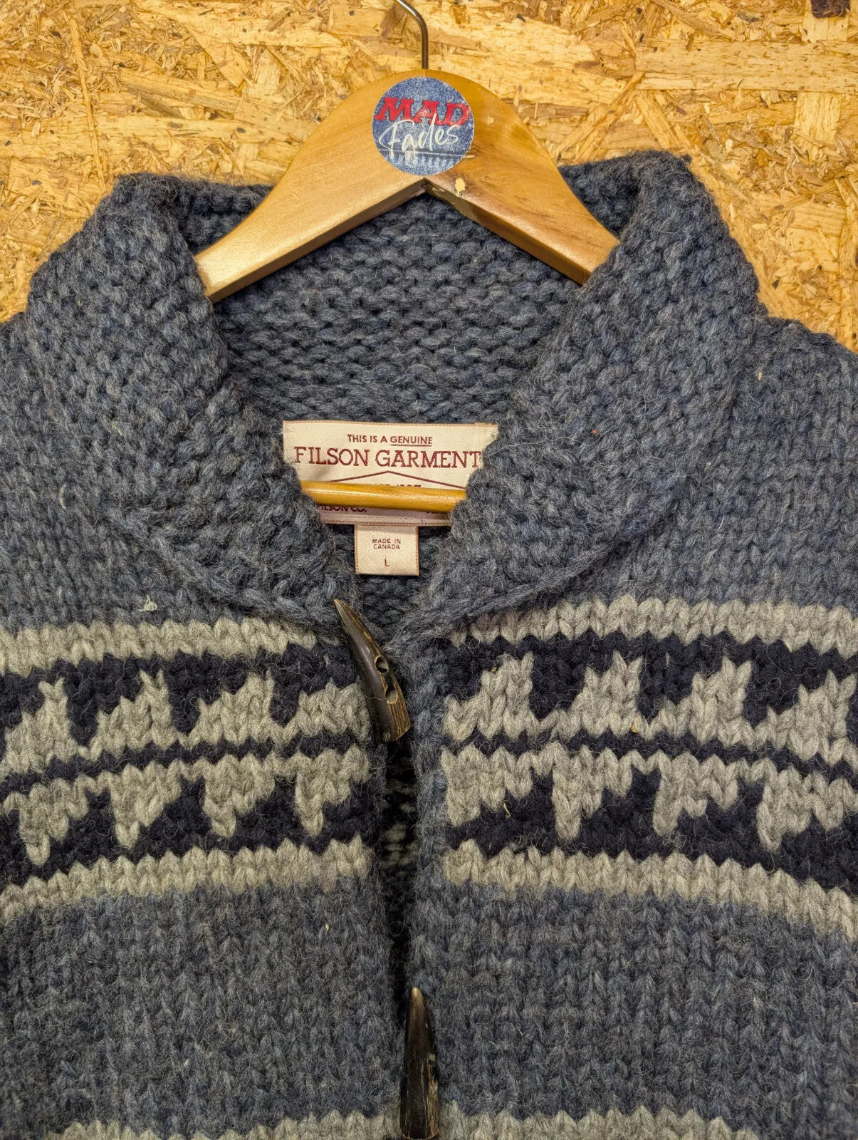 Filson Cowichan Cardigan Sweater Large Grey Wool Hand Knit Fair Isle Canada Ltd