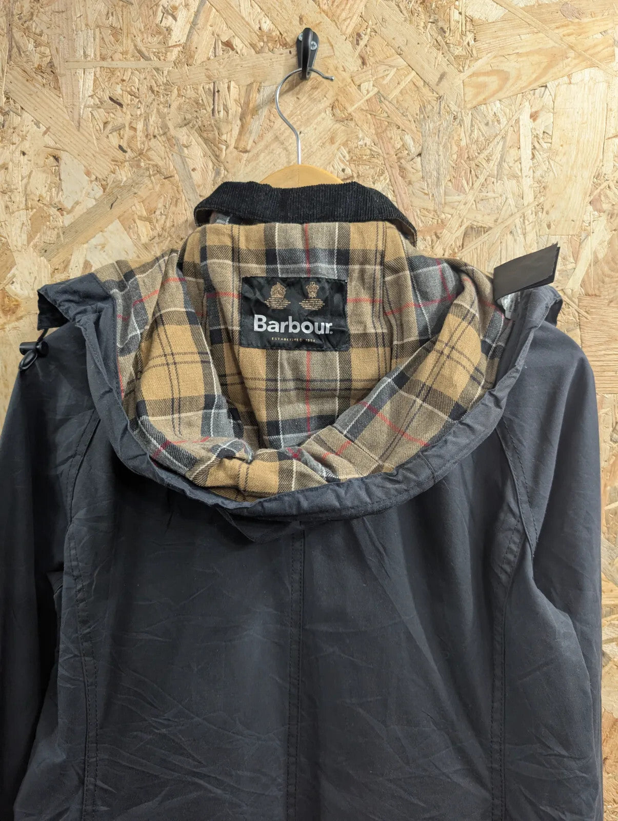 Barbour Beadnell Wax Jacket Womens UK10 Navy Blue Cotton Tartan Hooded Full Zip