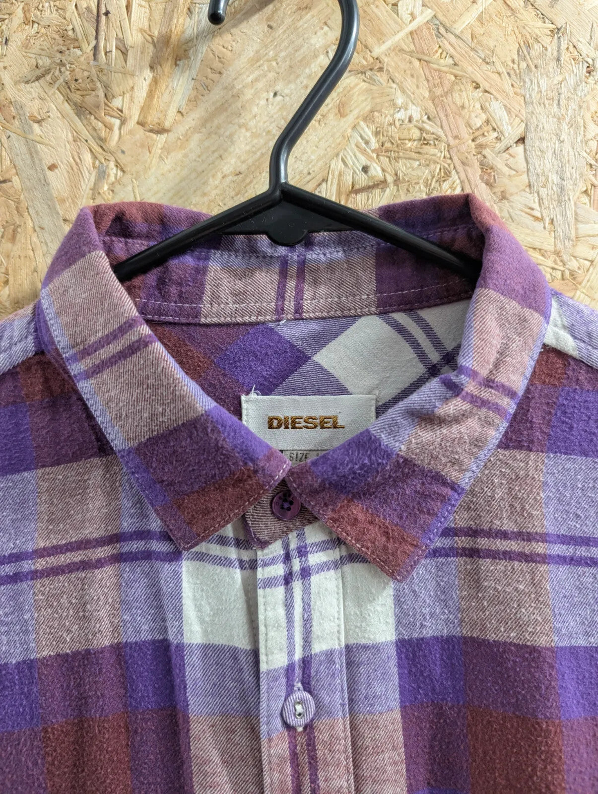 Diesel Shirt Mens Medium Purple Cream Plaid Flannel Long Sleeve Cotton Check