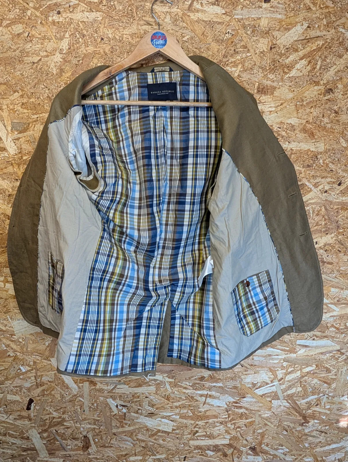 Banana Republic Blazer Mens 36 Small Khaki Olive Flax Linen Check Tailored Fit