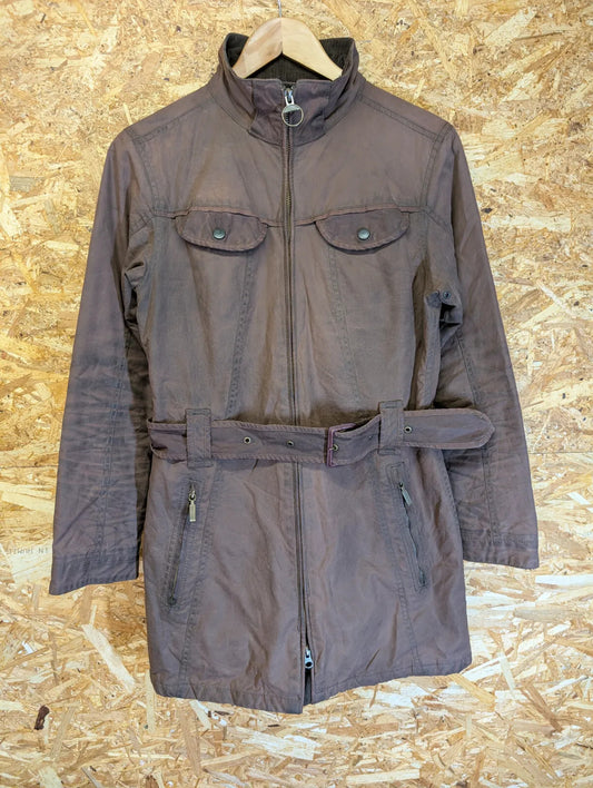 Barbour Cameron Coat Womens UK10 Brown Waxed Cotton Quilted Belted Full Zip
