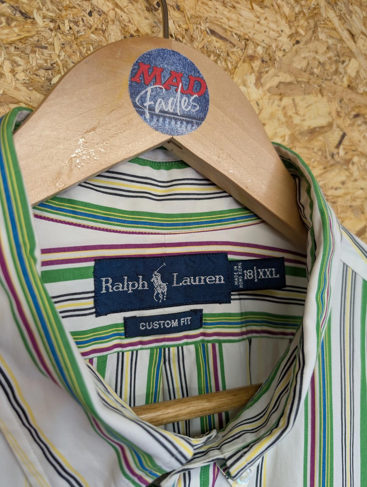 Ralph Lauren Shirt 18" 2XL White Green Stripe Long Sleeve Cotton Custom Fit