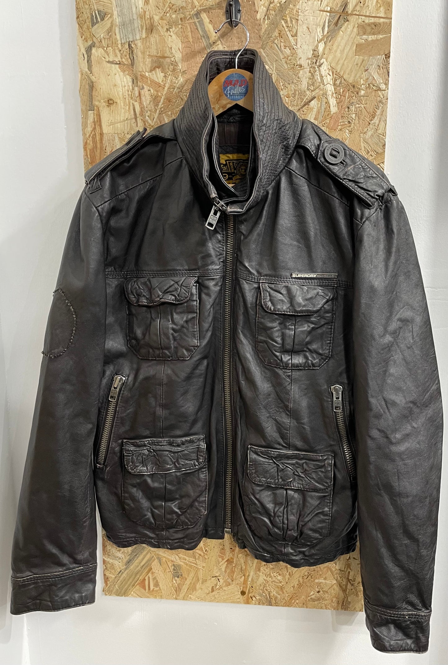 Superdry Brad Genuine Leather Cafe Racer Brown Biker Jacket Pocket Zip Large