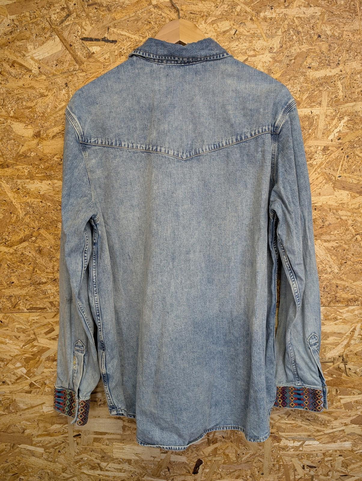 Scotch & Soda Denim Shirt Large Men Pearl Snap Aztec Embroidered Cuffs Blue