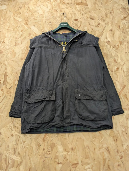 Vintage Barbour Durham Wax Jacket Mens Medium C40 Black A6 Tartan Plaid Hood 90s