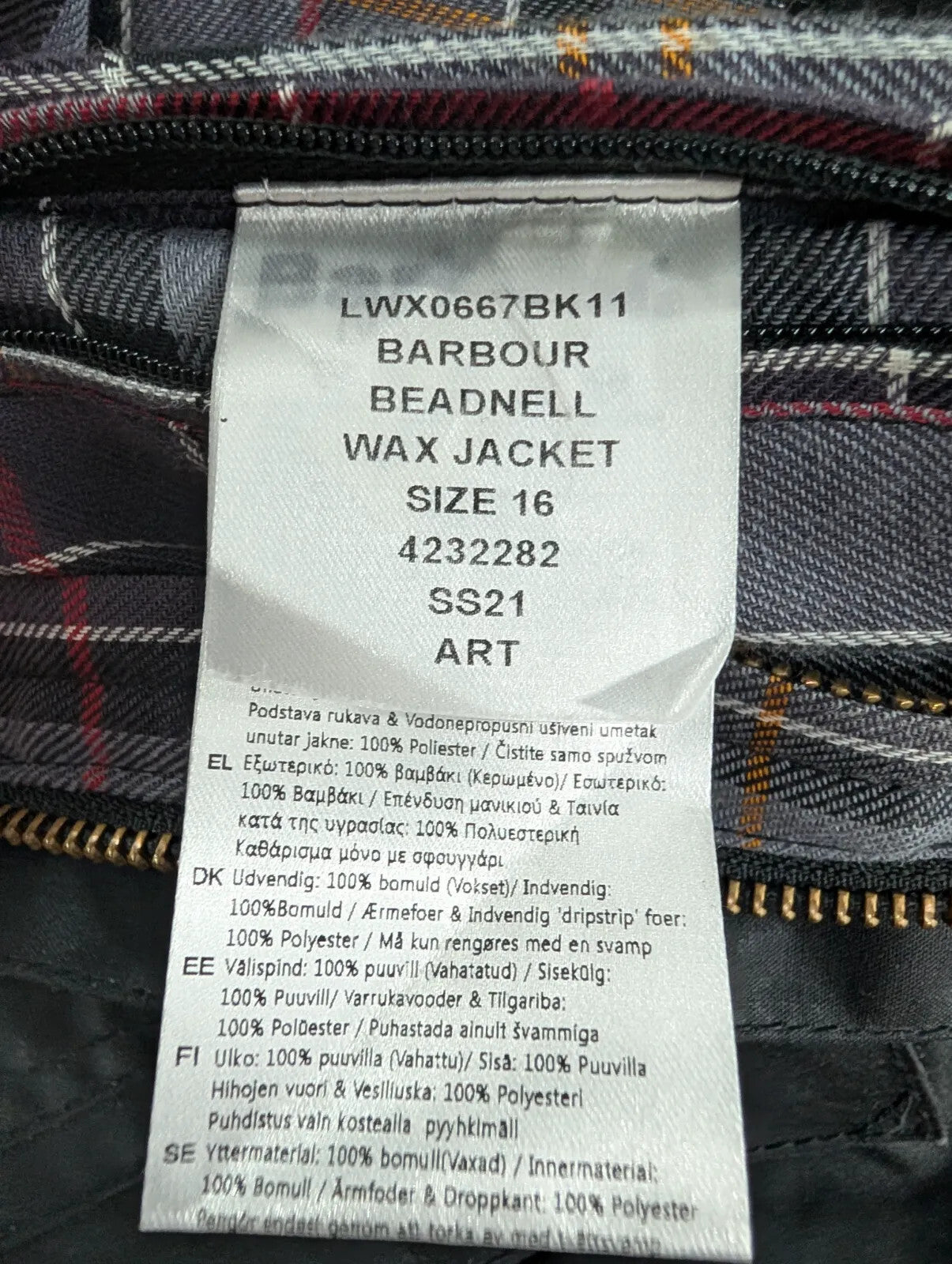 Barbour Beadnell Wax Jacket Womens UK16 Black Cotton Plaid Tartan Cord Chinstrap